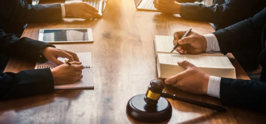 Business peoples in a meeting room, sat around a table with gavel present, ready for decision-making